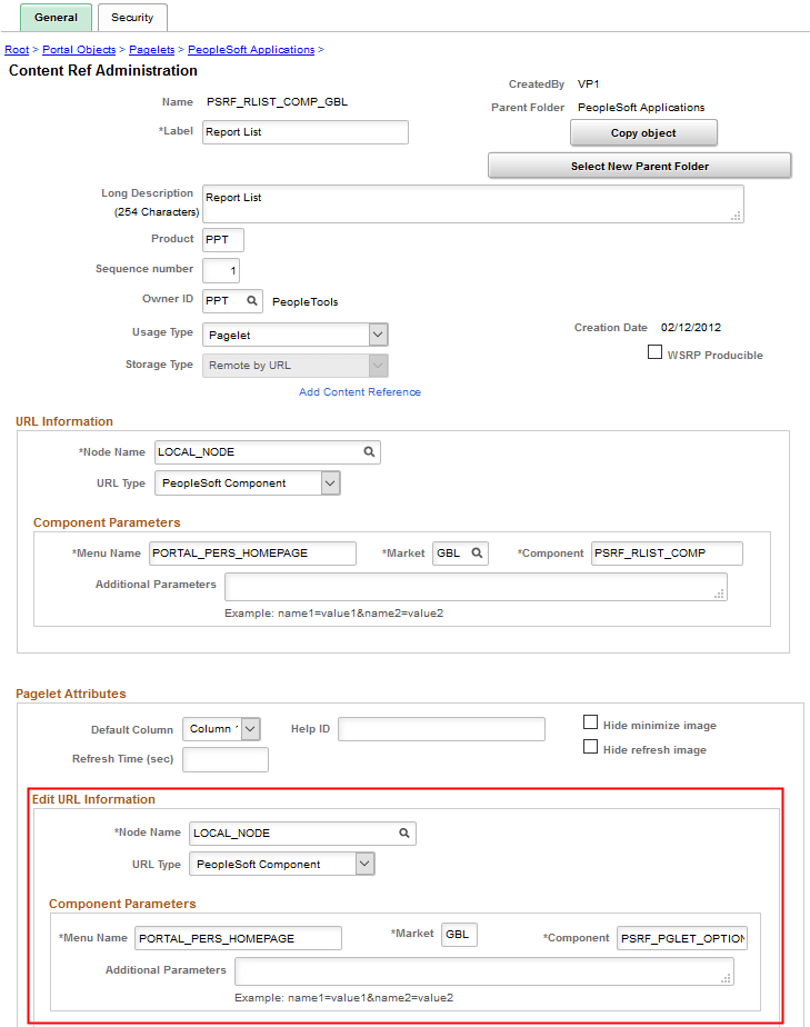 Pagelet Attributes group box specifying a component for pagelet personalization