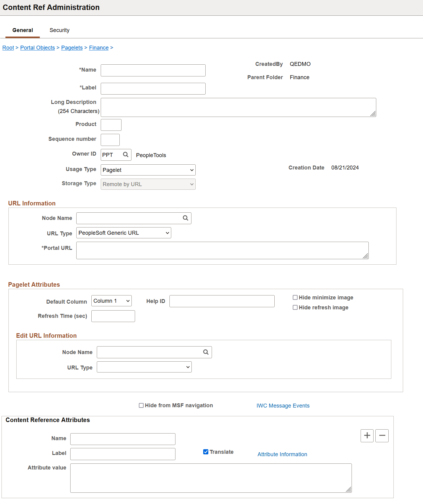 Content Ref Administration page - iScript-based pagelet