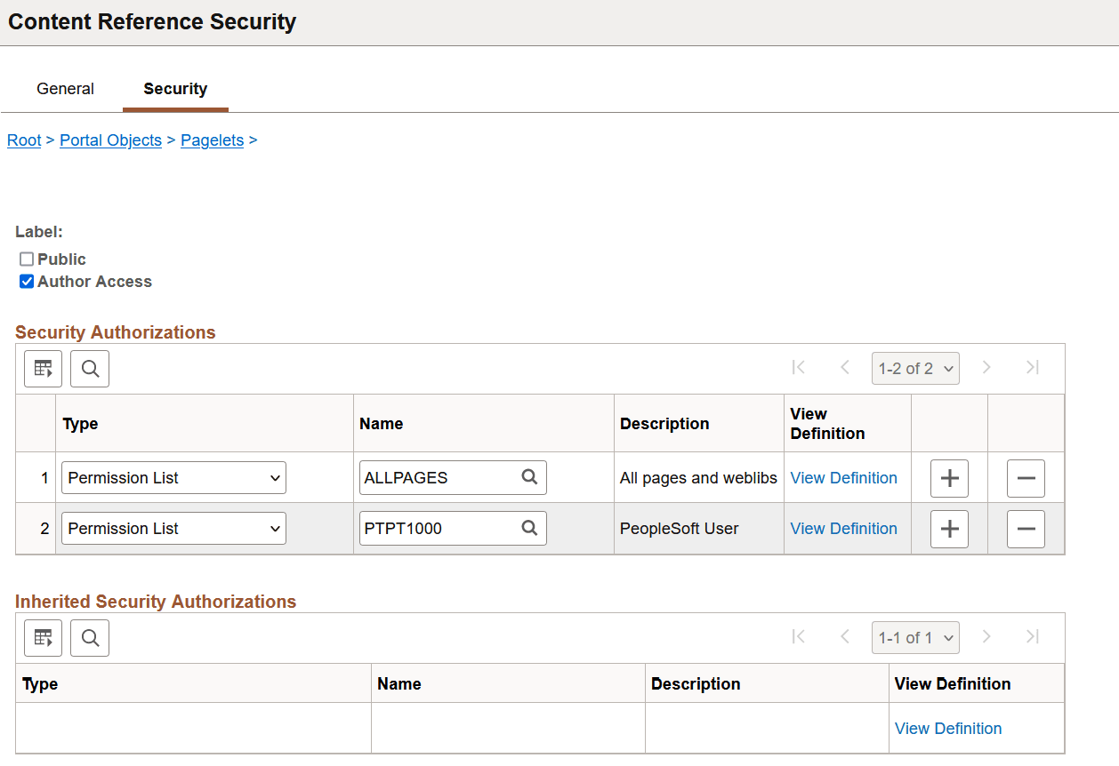 Content Ref Administration - Security page