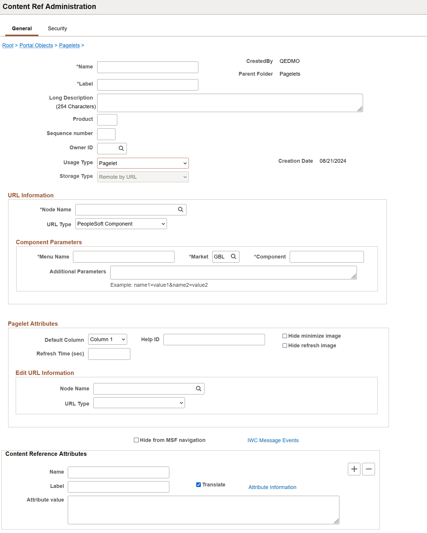 Content Ref Administration page - Pagelet