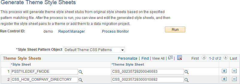 Generate Theme Style Sheets page (before process execution)