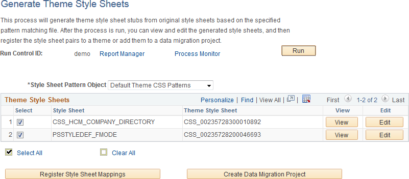 Generate Theme Style Sheets page (after process execution)
