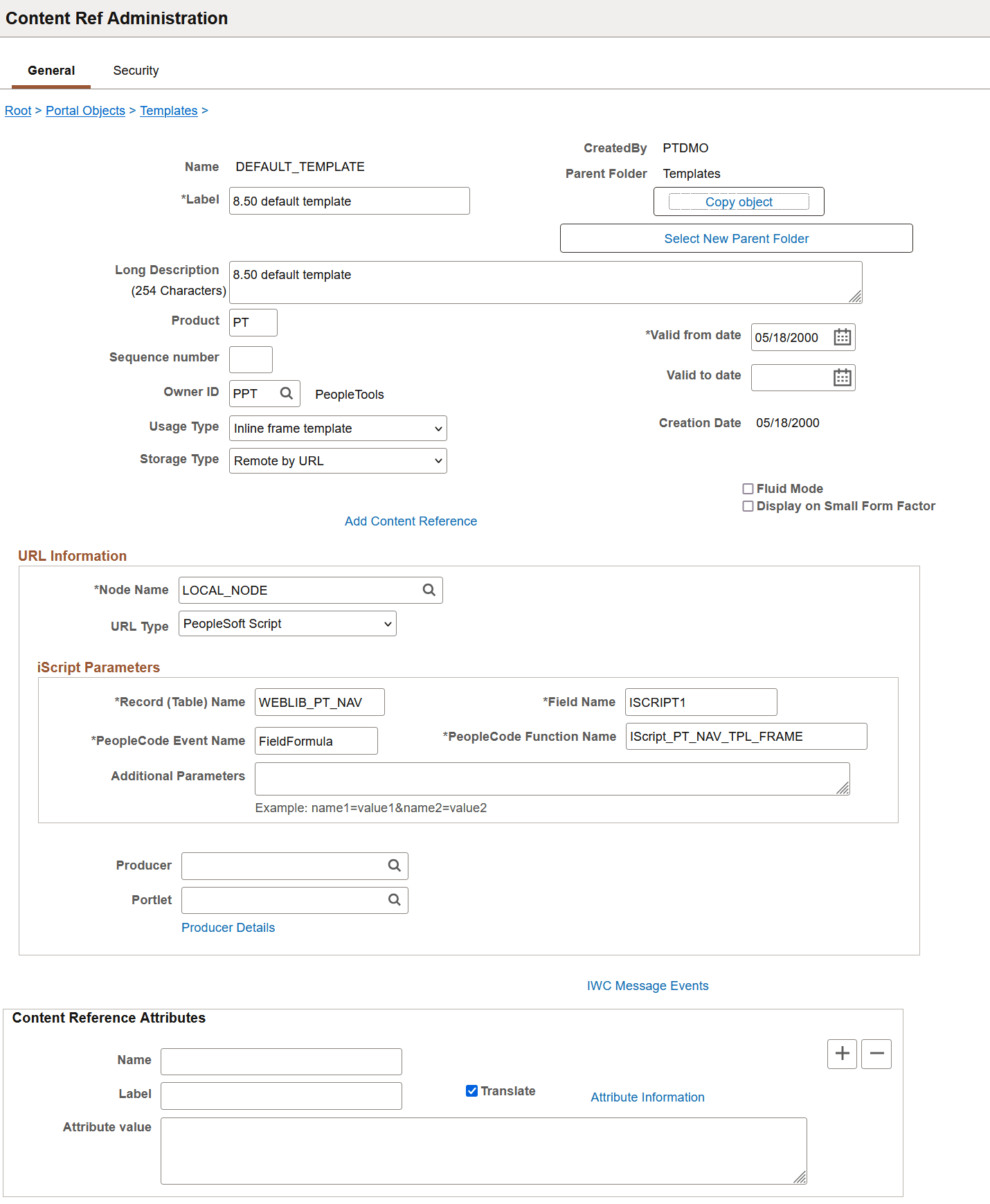 Defining an iframe-based dynamic template on the Content Ref Administration page