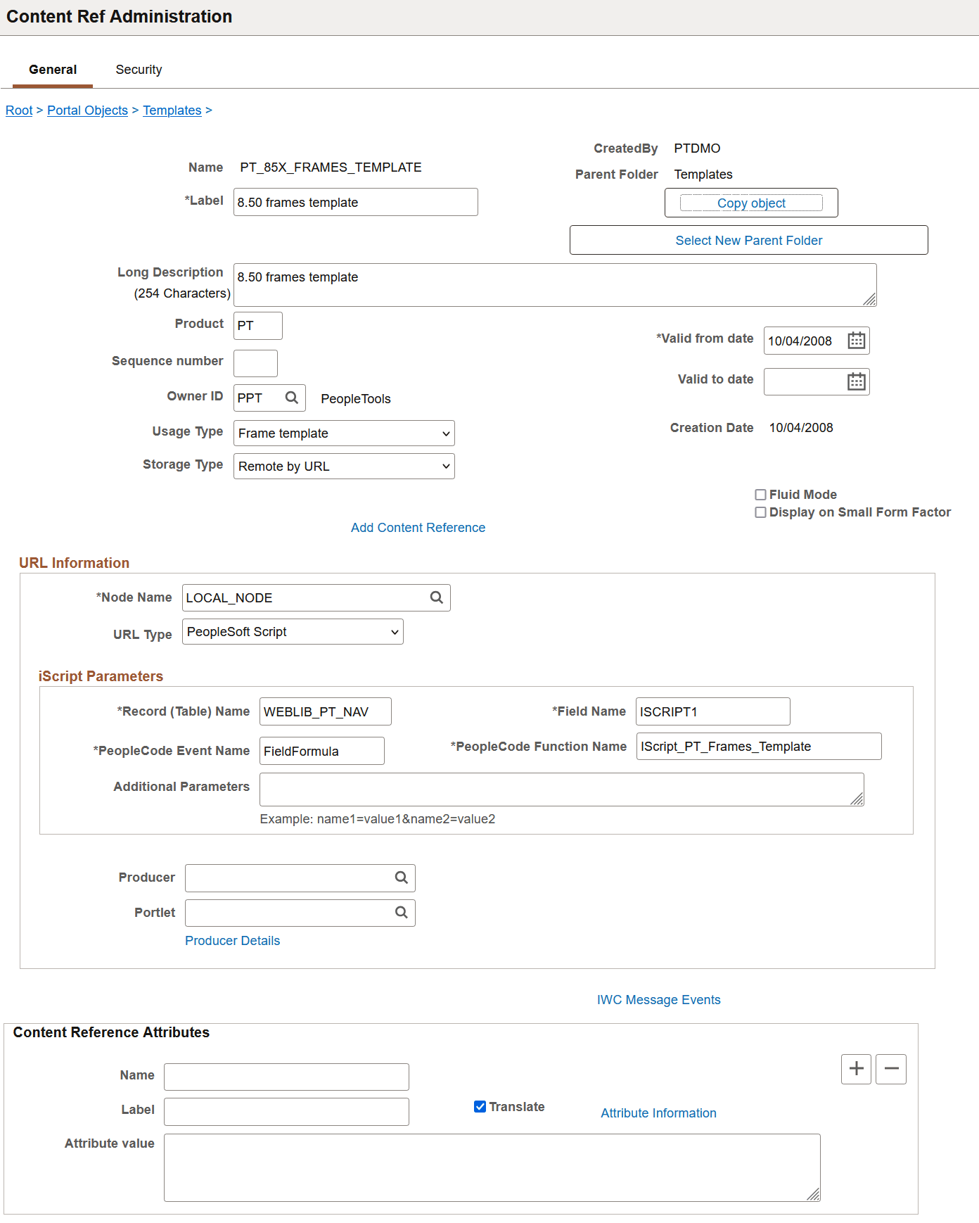 Defining a frame-based dynamic template on the portal administration pages
