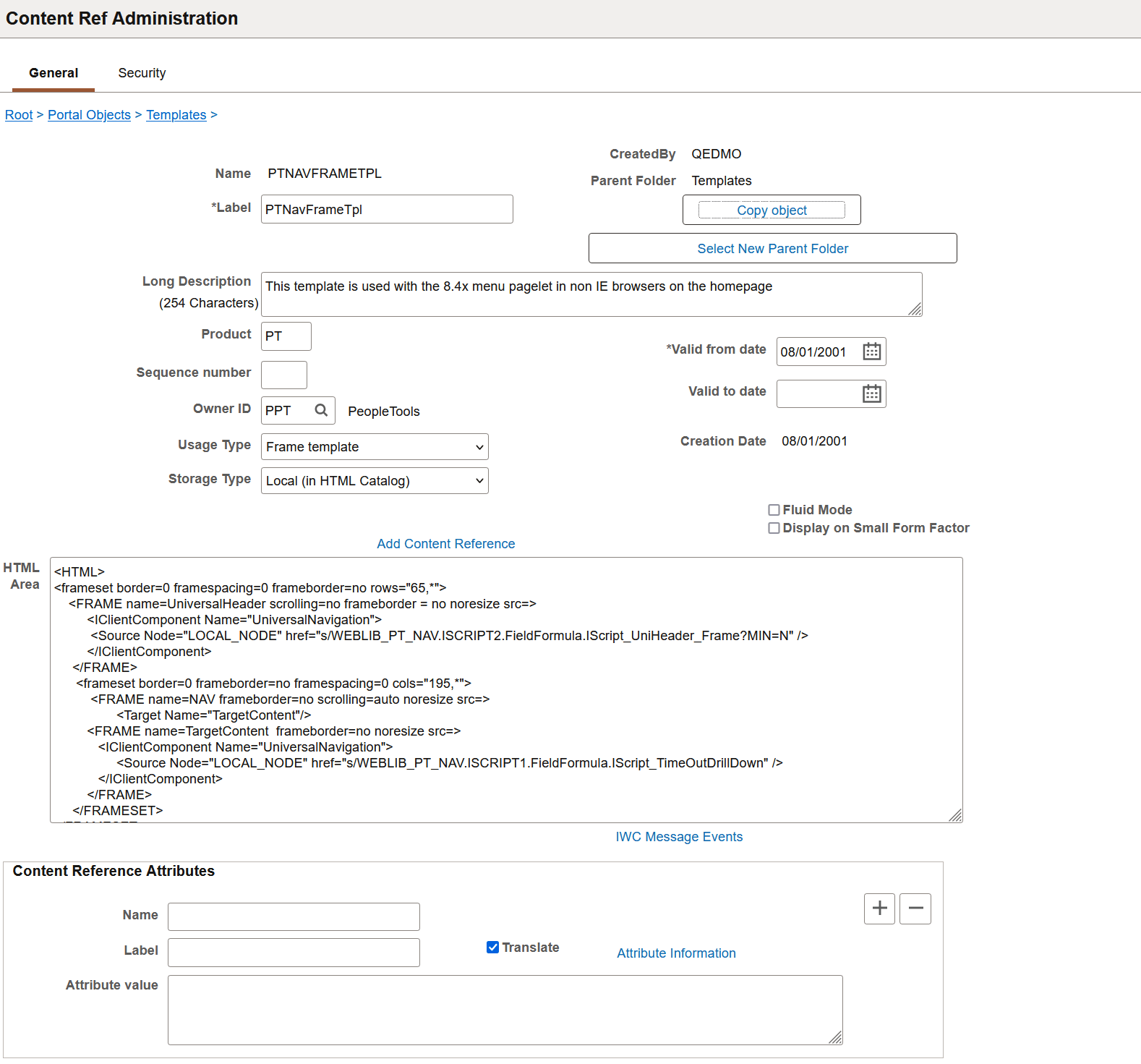 Content reference for a frame-based static template