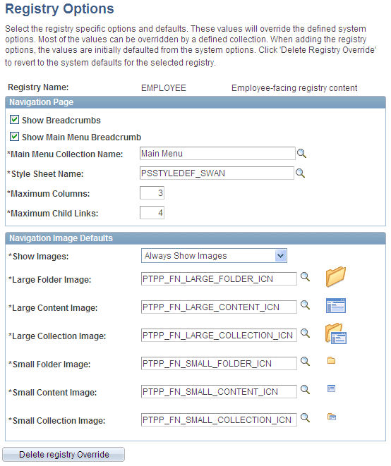 Registry Options page