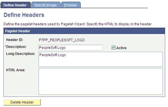 Define Headers - Define Header page