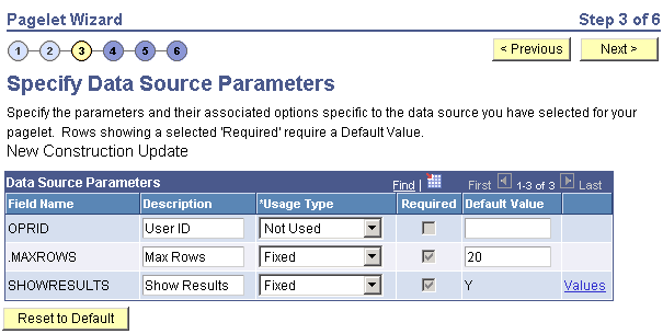 Specify Data Source Parameters page