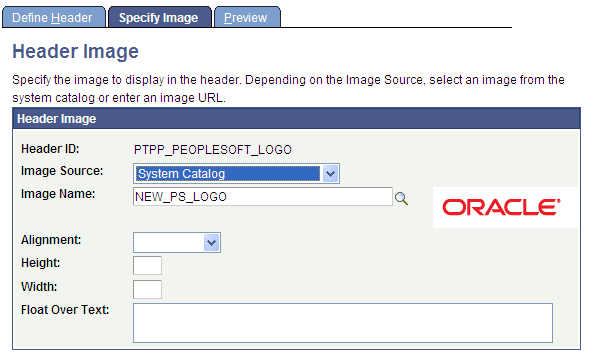 Define Headers - Specify Image page