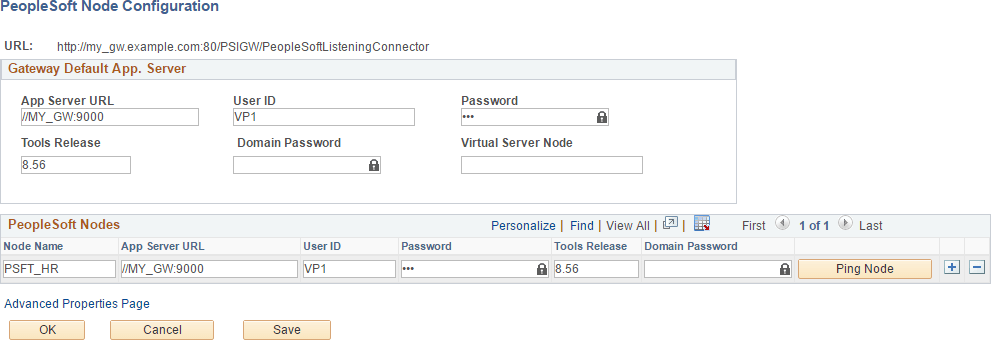PeopleSoft Node Configuration page
