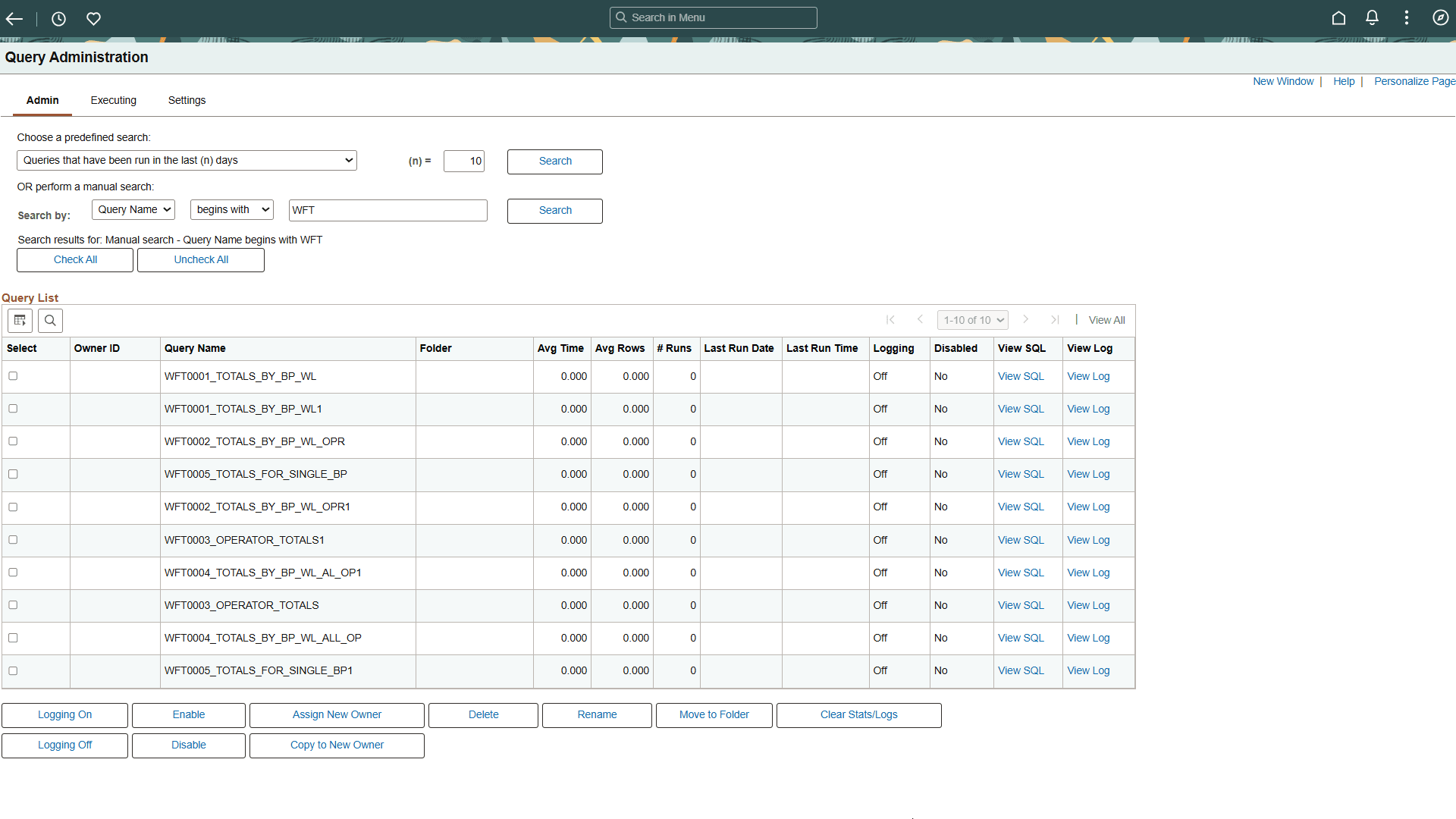 Query Administration page