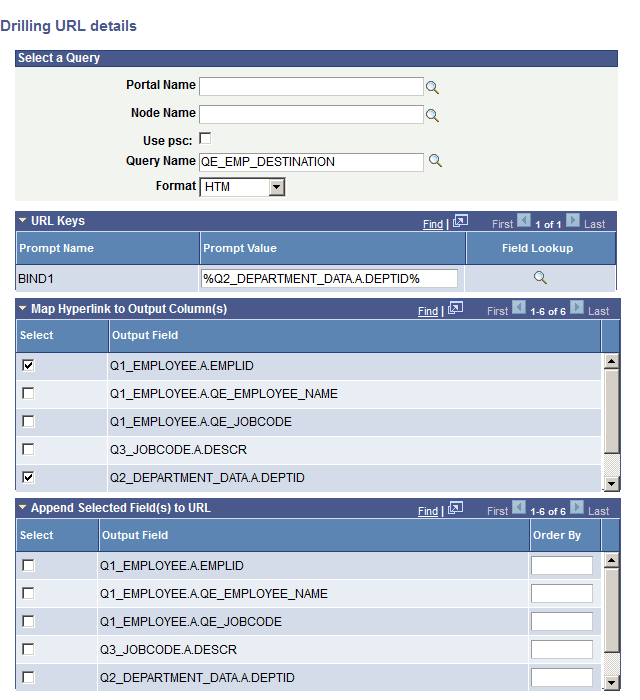 Drilling URL Details - Select a Query page