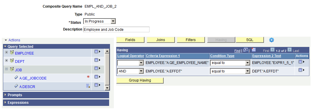 Composite Query Manager page - Having section