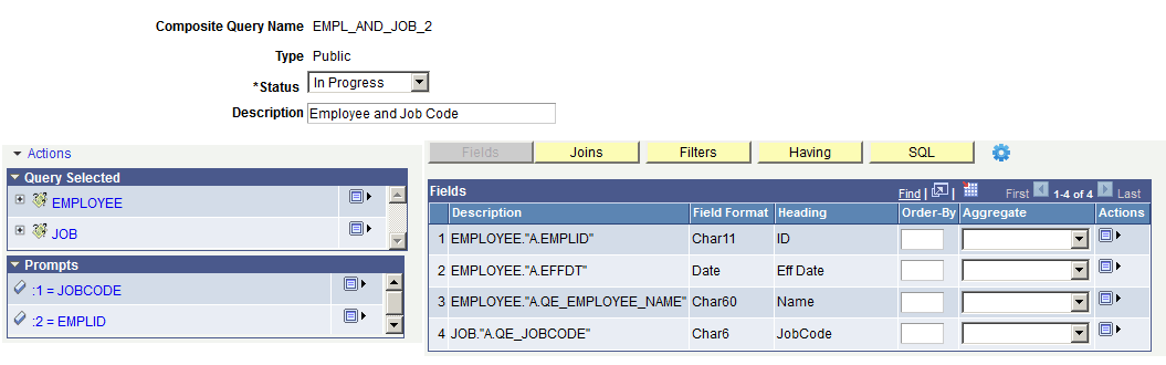 Composite Query Manager page - Prompts section