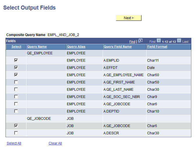 Specify Output Fields page