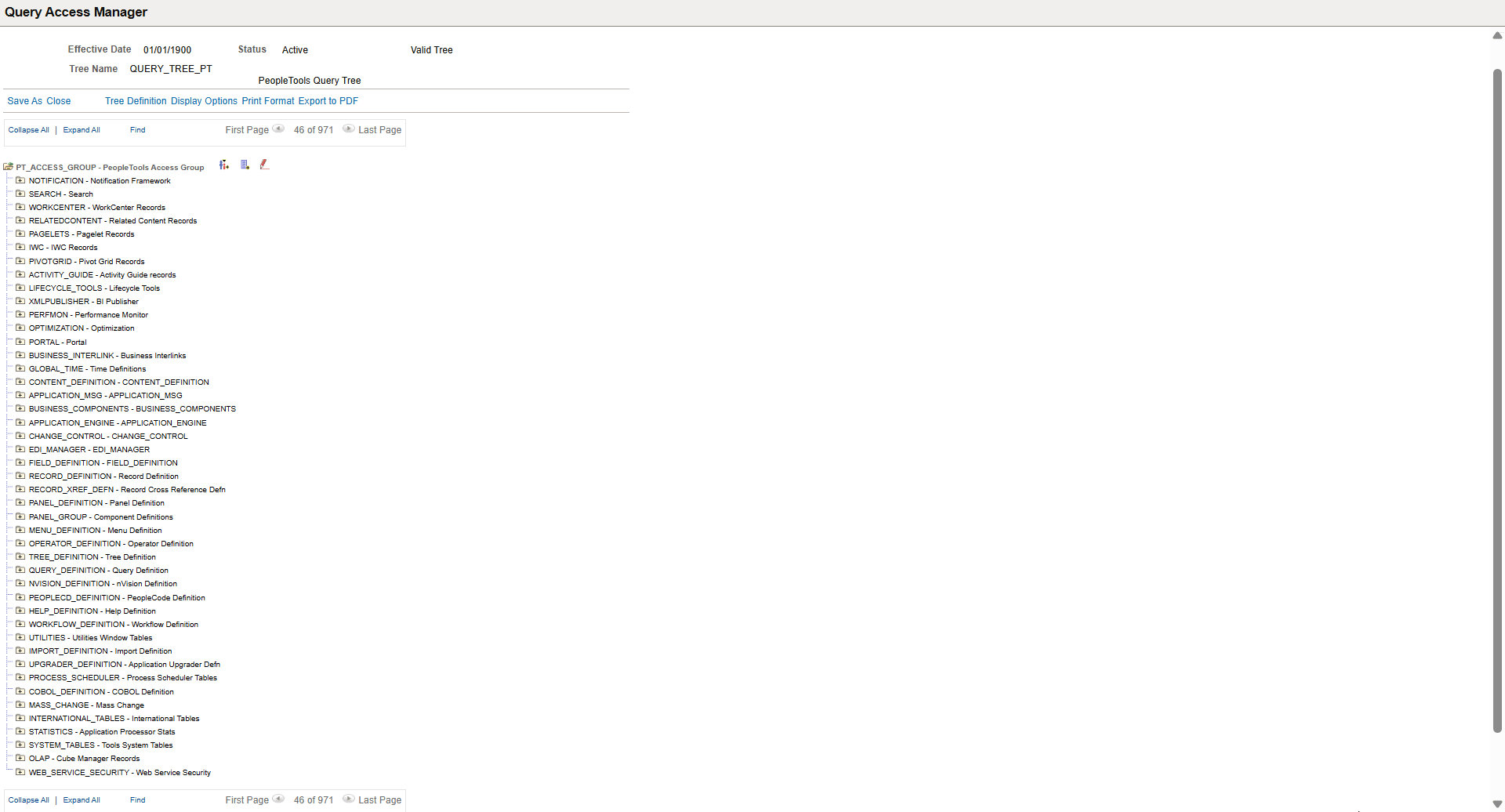 Query Access Manager page - example of a query access group tree
