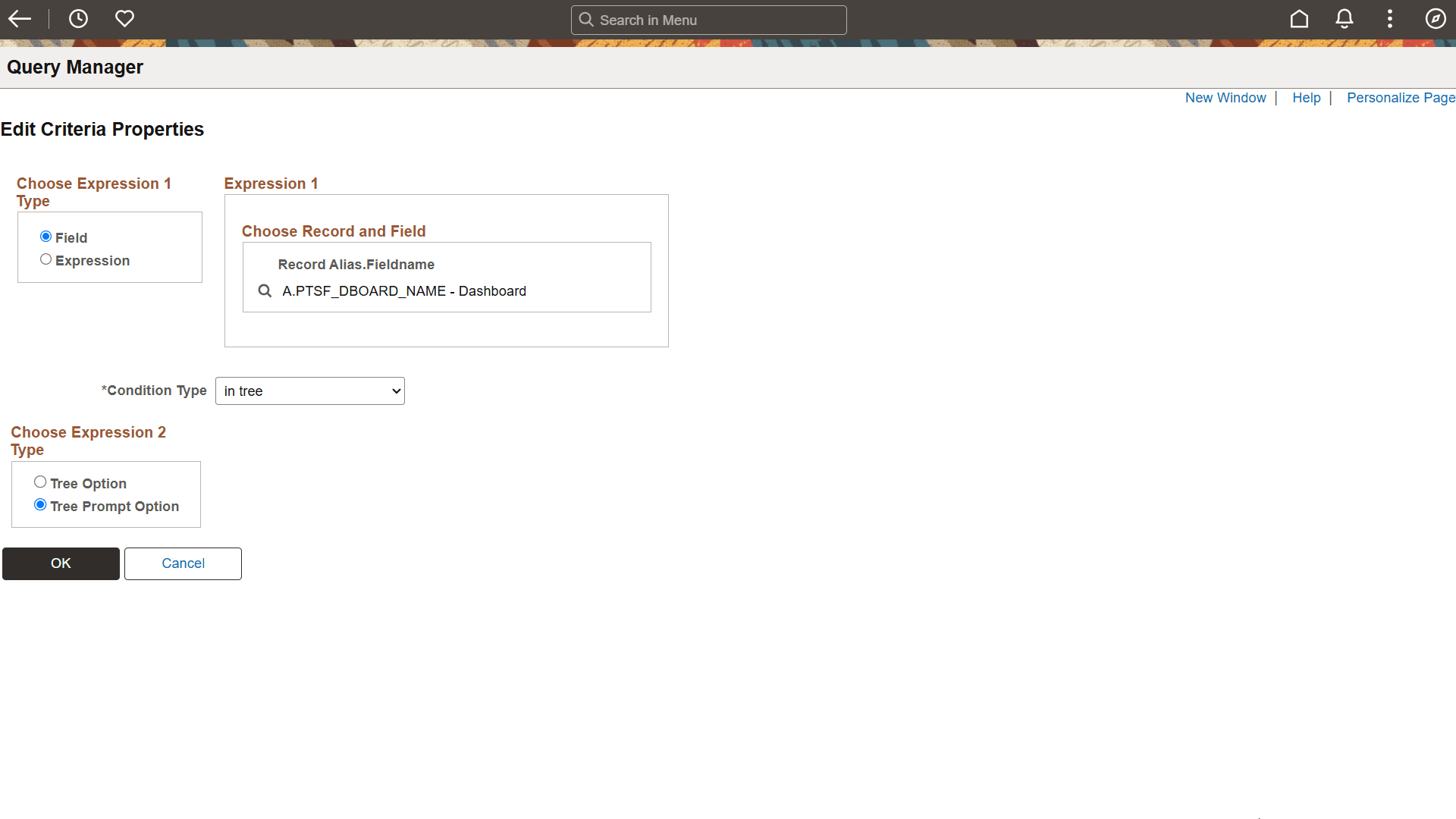 Edit Criteria Properties page with the Tree Prompt Option is selected