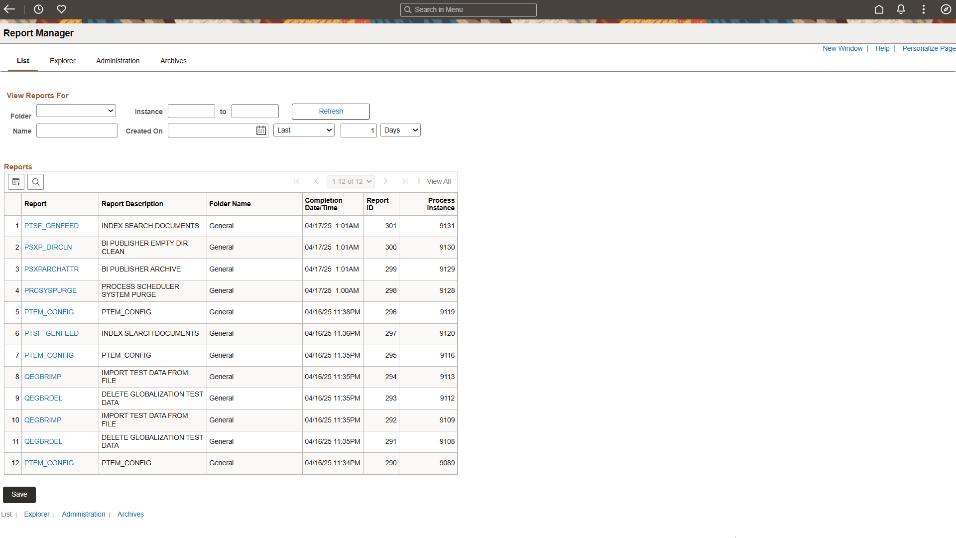 Report Manager - List page