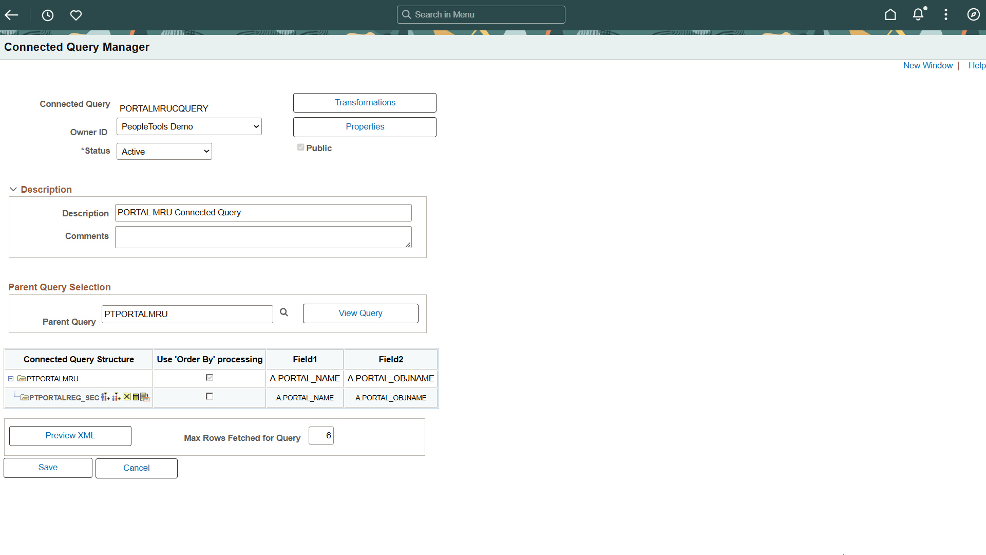 Connected Query Manager page - Use Order By processing column