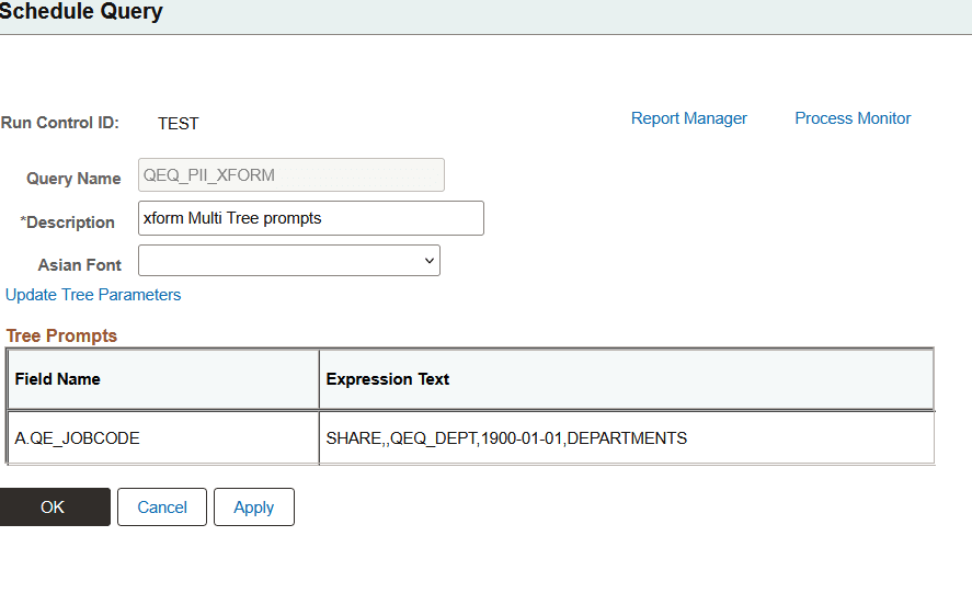 Schedule Query page with query that has In Tree prompts