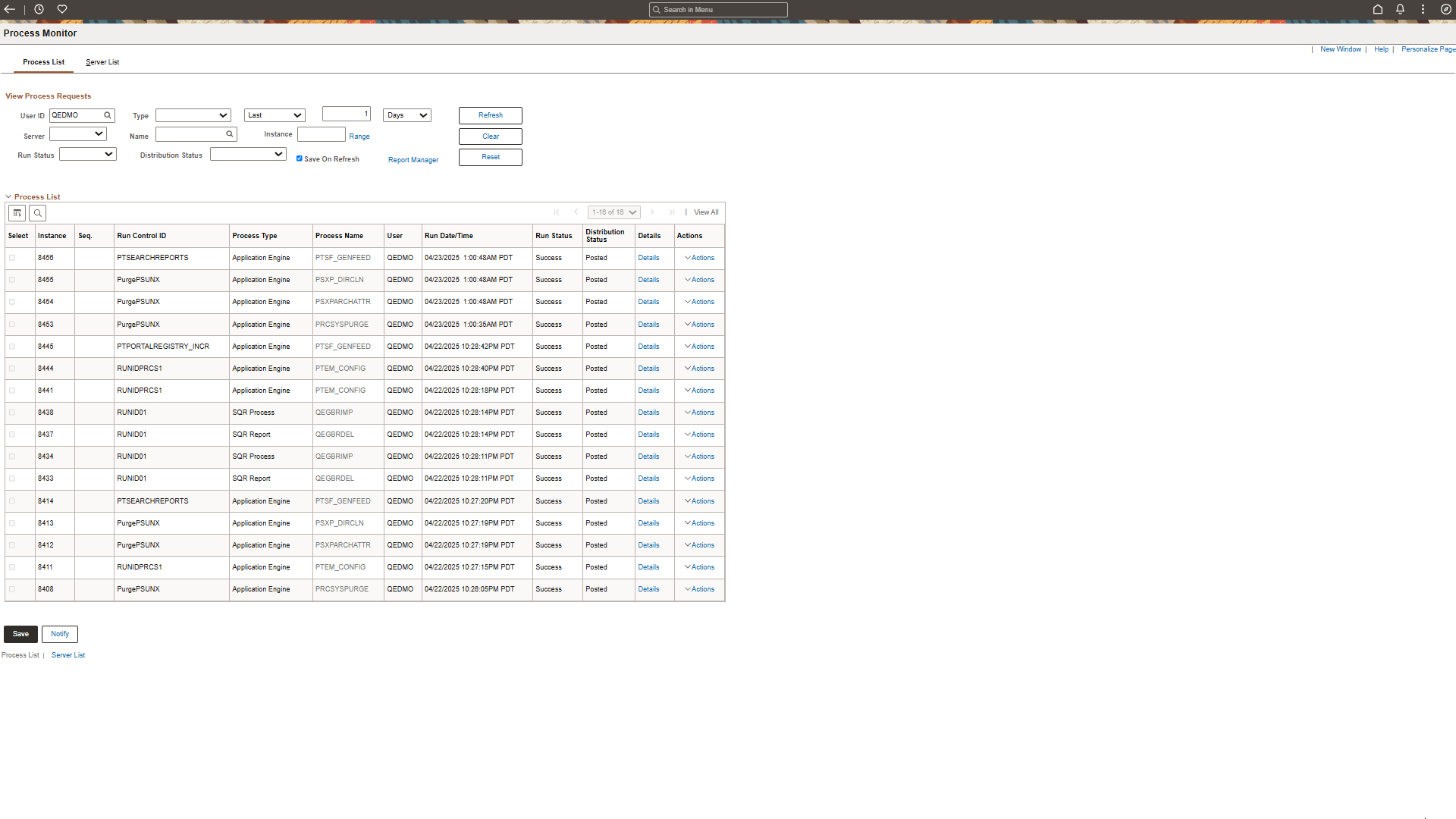 Process Monitor - Process List page