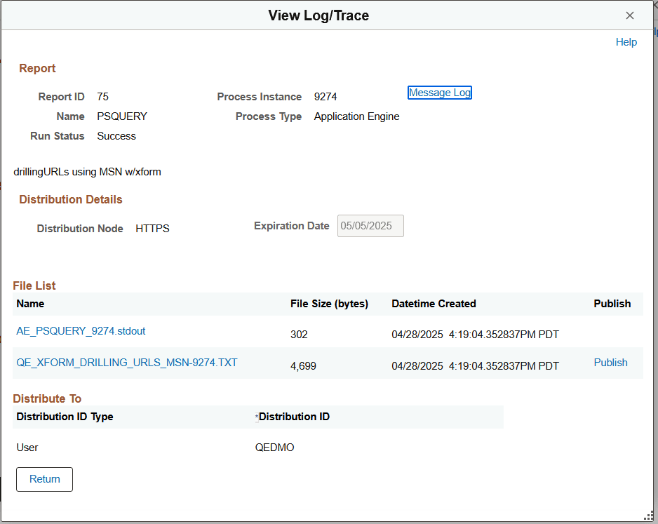 View Log/Trace page