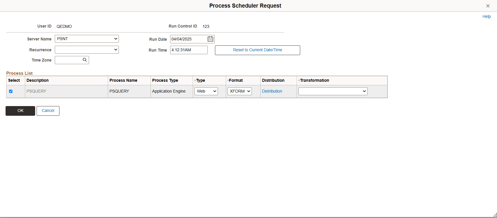 Process Scheduler Request page, XFORM format