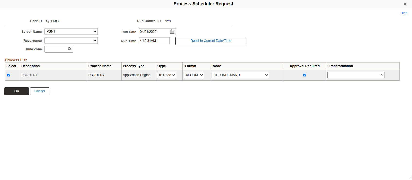 Process Scheduler Request page, IB Node and XFORM