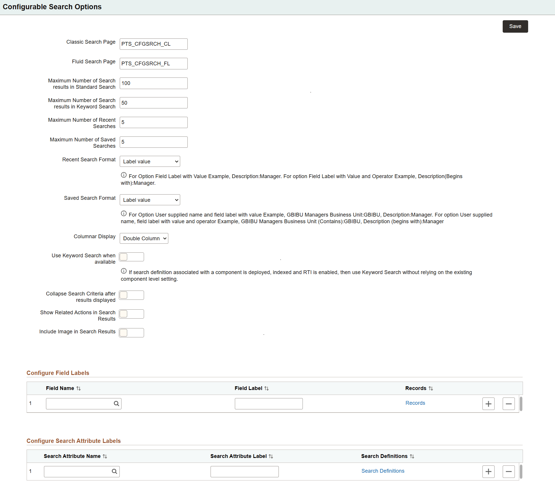 Configurable Search Options page