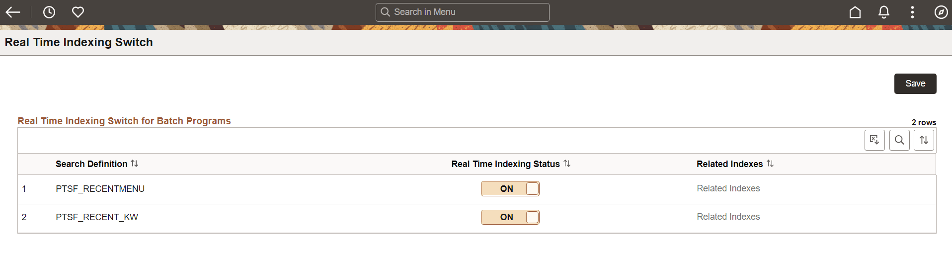 Real Time Indexing Switch page