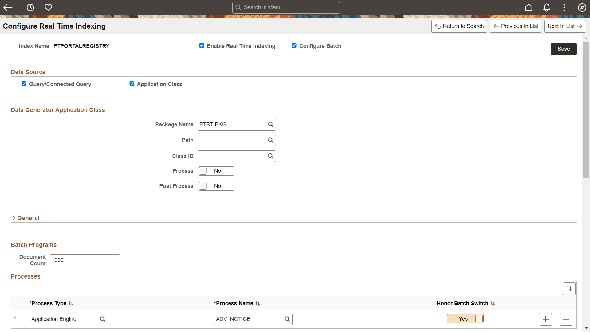 Configure Real Time Indexing page with Configure Batch option