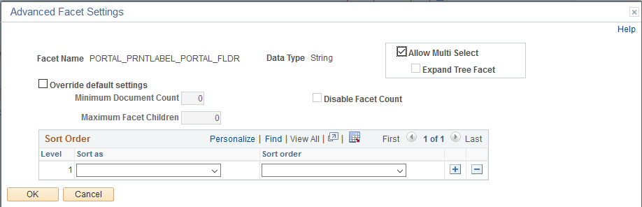 Advanced Facet Settings page (for string data types)