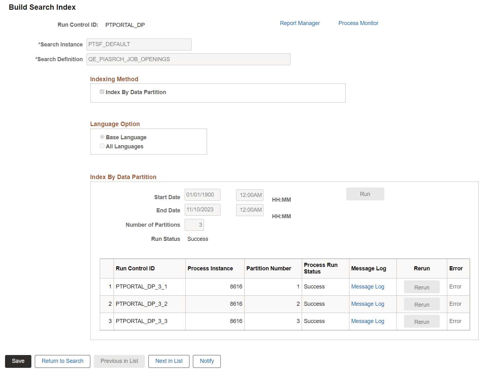 Build Search Index page - Data Partition