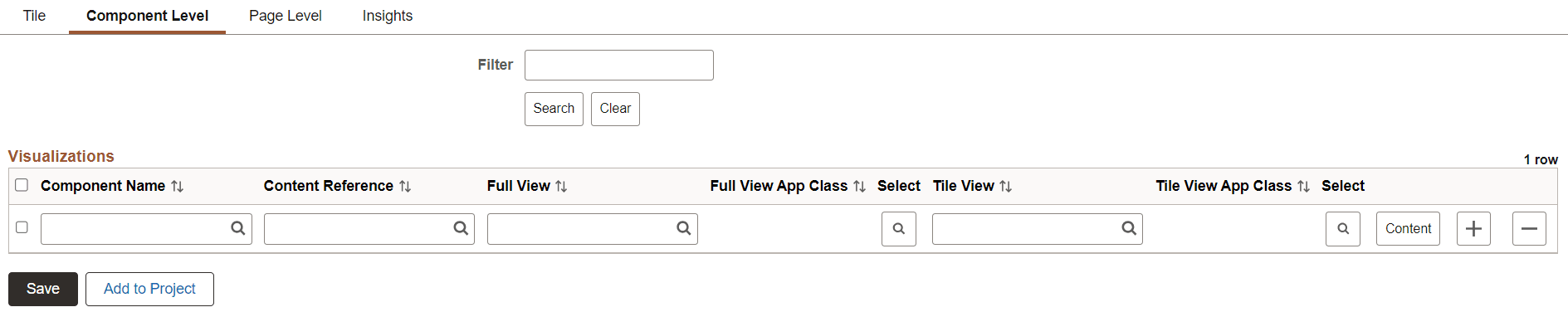 Configure Insights Dashboards page - Component Level tab