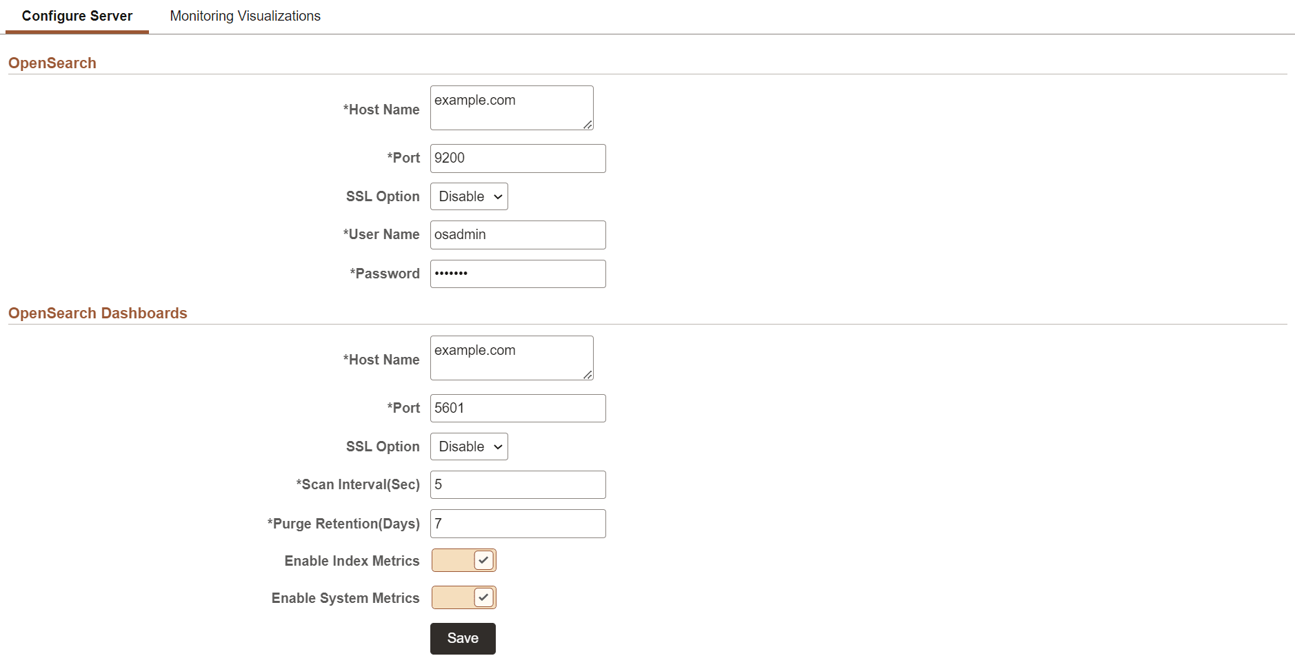 Configure Server page
