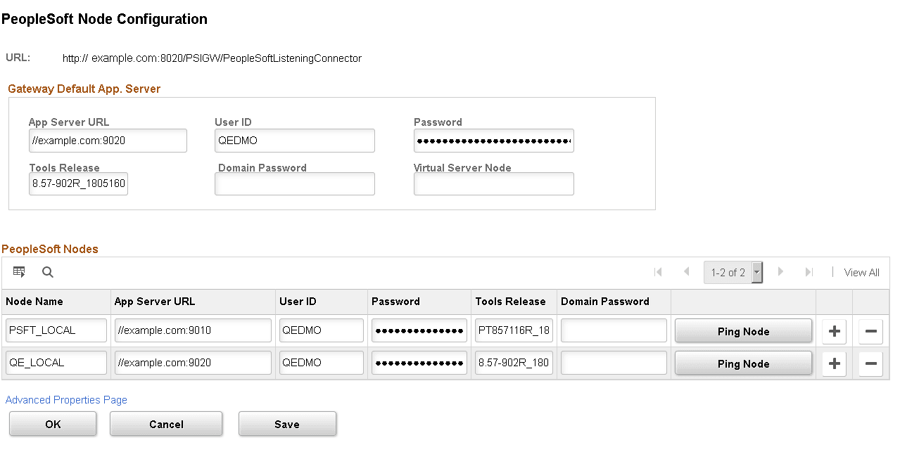 PeopleSoft node configuration page