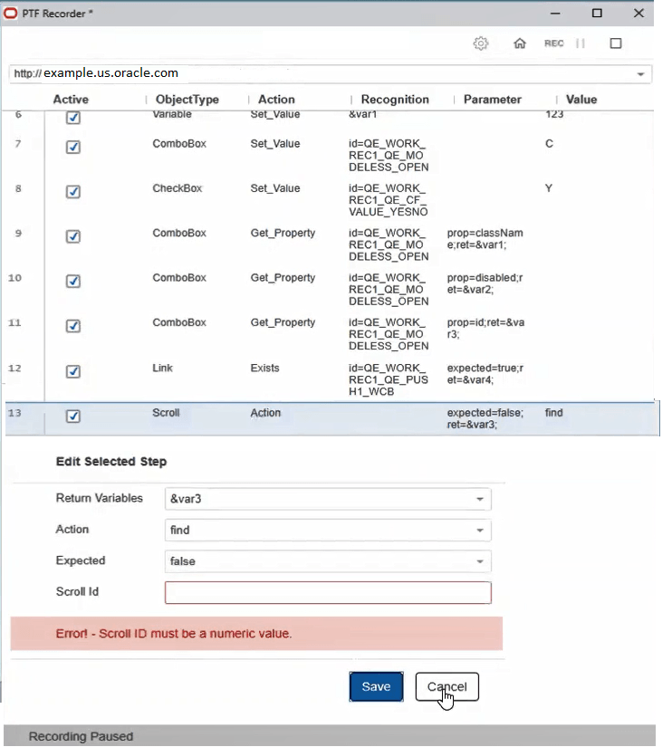 Modifying Steps in PTF Recorder Window