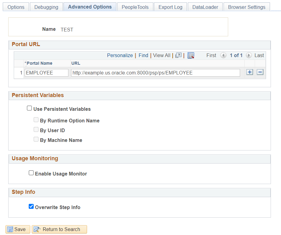 Define Runtime Options- Advanced Options page