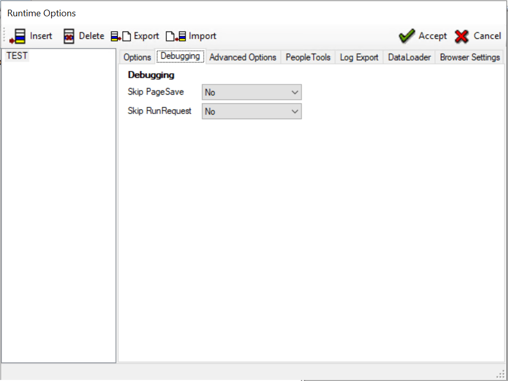 Runtime Options dialog- Debugging tab