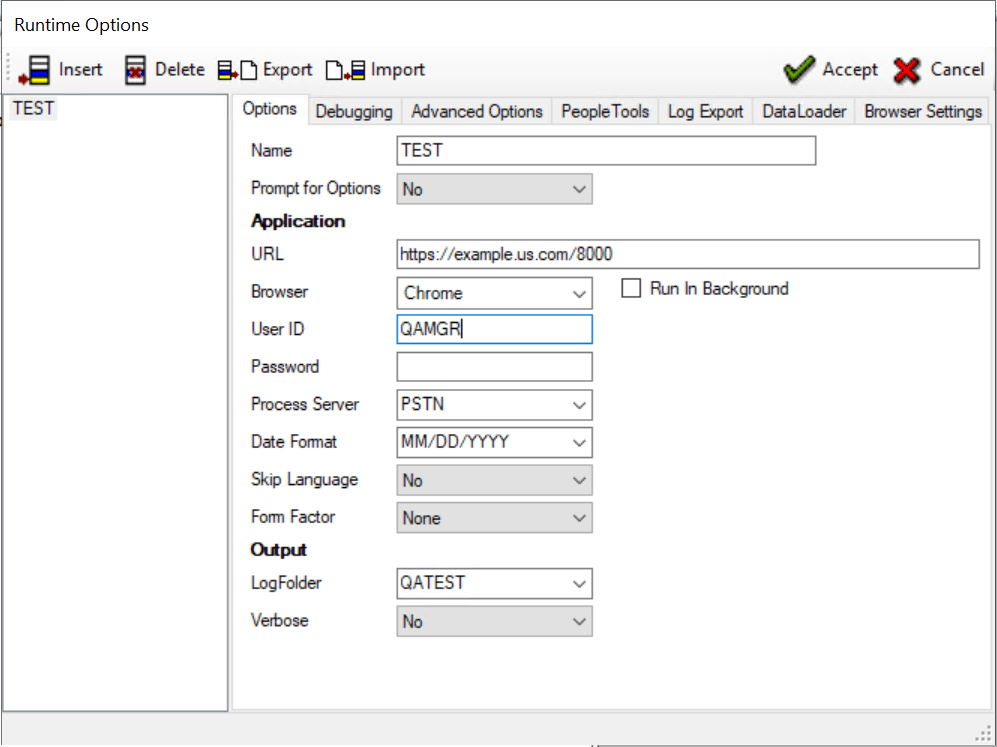 Runtime Options dialog- Options tab