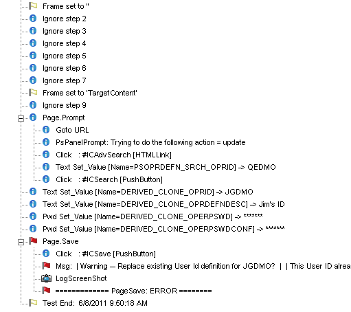 Example of log entries in a test log