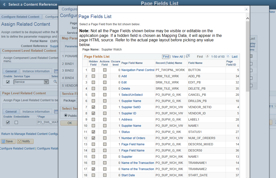 Page Fields List page