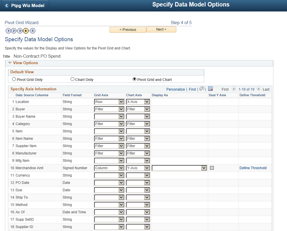 Specify Data Model Options page