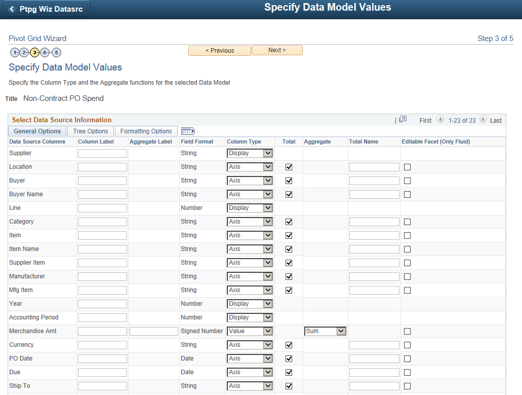 Specify Data Model Values page