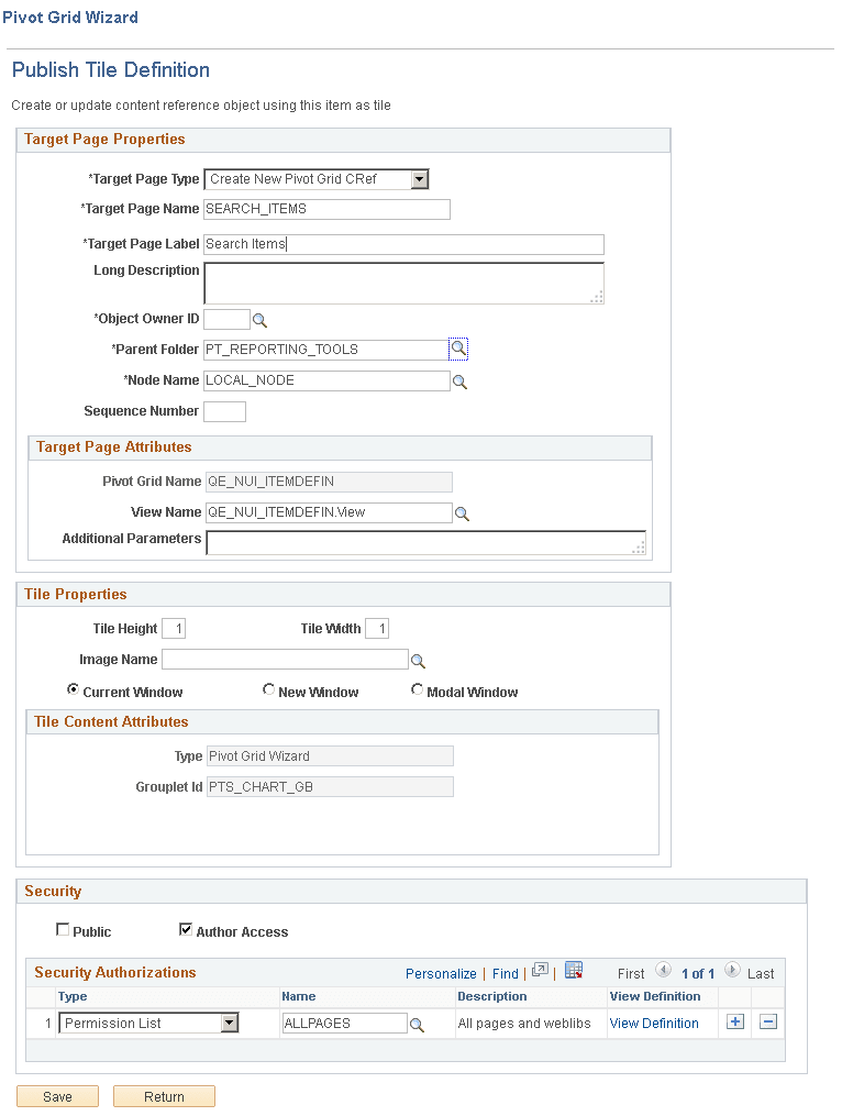 Publish Tile Definition page