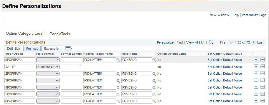 Define Personalizations - Format page