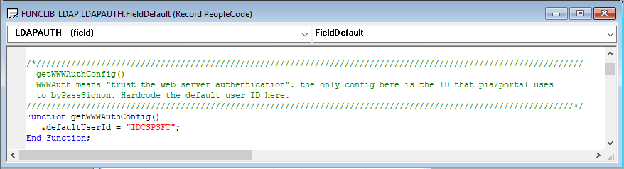 FUNCLIB_LDAP record in Application Designer showing getWWWAuthConfig function