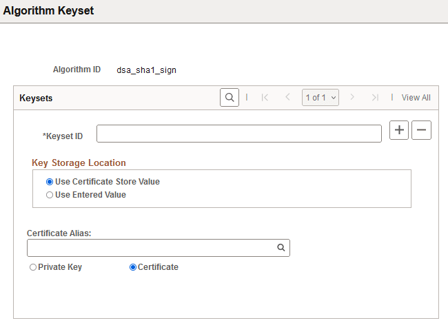 Algorithm Keyset page with Use Certificate Store Value
