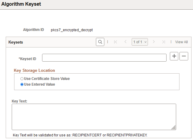 Algorithm Keyset page with Use Entered Value