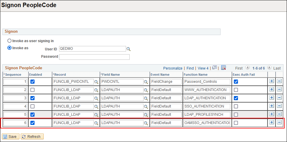 Signon PeopleCode page with the OAMSSO_AUTHENTICATION function enabled